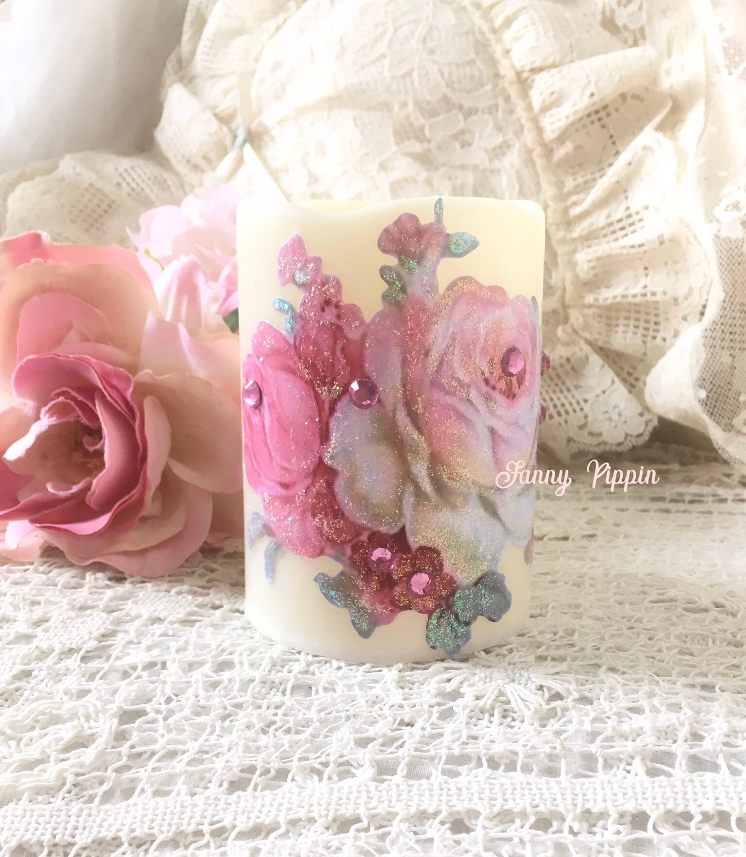 Pillar Candles Candles & Holders Decorative Floral Pink Rose Wax Pillar ...