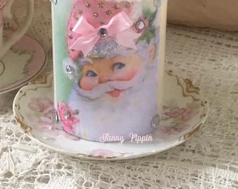 Shabby Pink Santa Flameless Candle, Pink Christmas, LED flickering Candles, Shabby Cottage Chic, Fanny Pippin