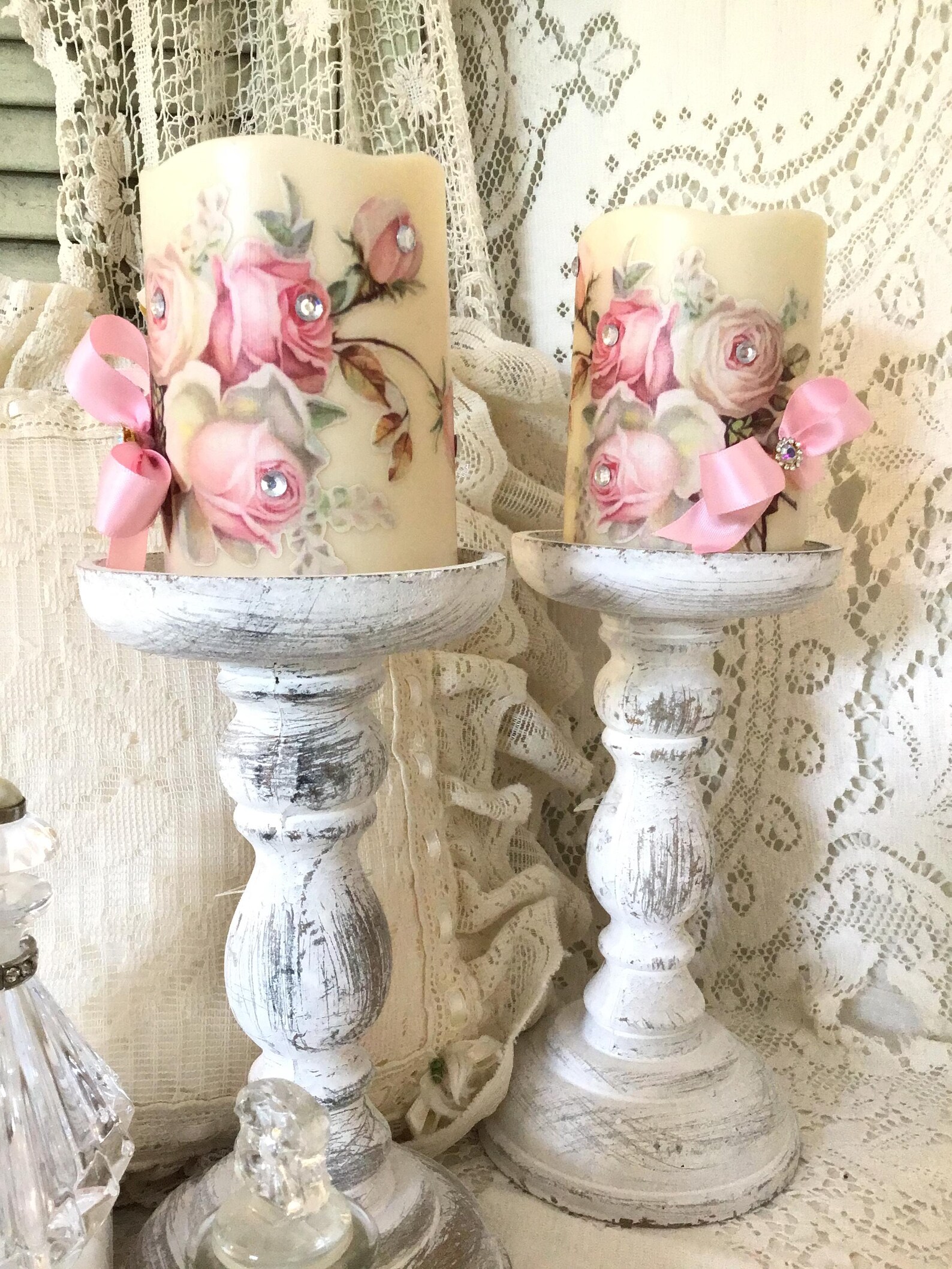Shabby Chic Pink Rose Flameless Candles: Cottagecore LED Pillar Candle ...