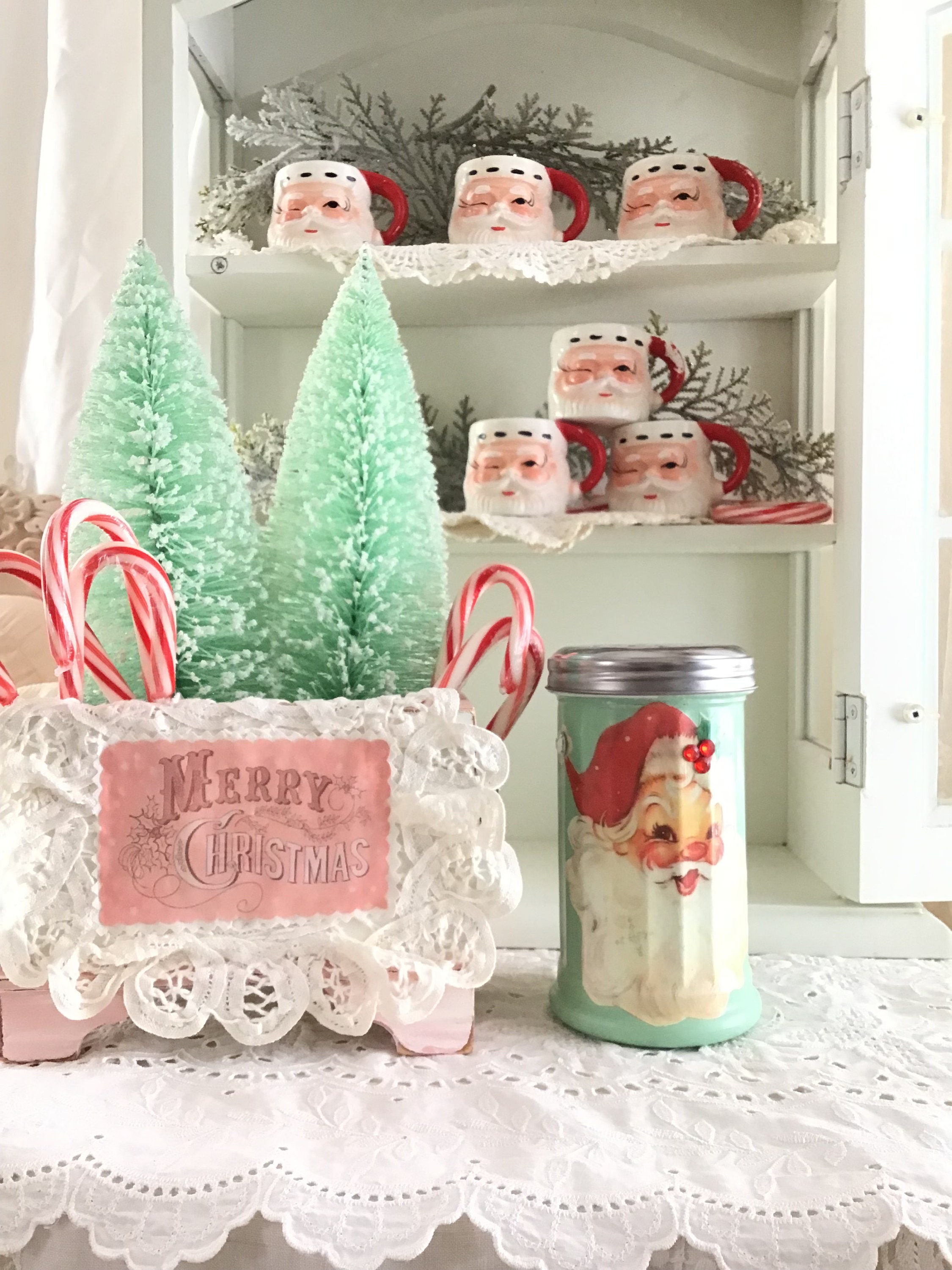 Vintage Christmas Kitchen Decor, Sugar Jar, Jadeite Style Green and Red  Kitchen, Retro Kitsch Christmas Santa Christmas , Fanny Pippin 