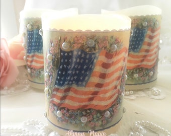 Patriotic Candle, 4th of July Flameless Candle, Flag, Shabby Victorian American flag, Old glory, Pink Roses, cottage chic, Fanny Pippin