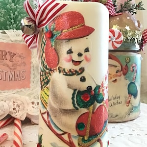 Vintage Snowman Christmas, Flameless Candle, Retro Christmas Candle, Kitsch, Battery candle, Farmhouse Christmas, cottage chic, Fanny Pippin