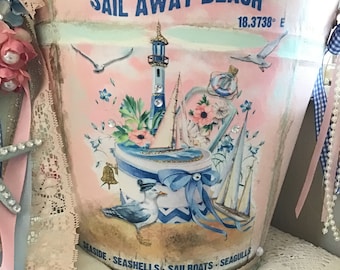 Shabby Vintage Beach Pail, Nautical Decor, Metal Bucket, Beach Cottage, Vintage Beach Decor, Pink Roses, Shabby Cottage Chic, Fanny Pippin