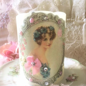 Bougie sans flamme minable, décoration de dame victorienne, roses roses minables, bougie vacillante LED en cire, cottage chic minable, Fanny Pippin