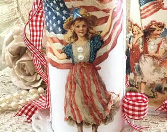 Memorial Day Flameless Candle, Vintage Patriotic Decor, Shabby Victorian, Vintage Americana Decor, shabby cottage chic, Fanny Pippin