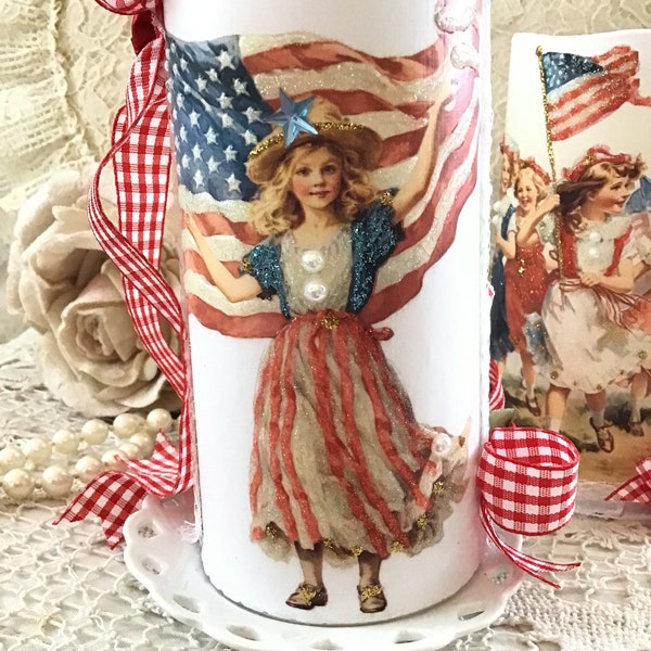 Memorial Day Flameless Candle, Vintage Patriotic Decor, Shabby Victorian, Vintage Americana Decor, shabby cottage chic, Fanny Pippin