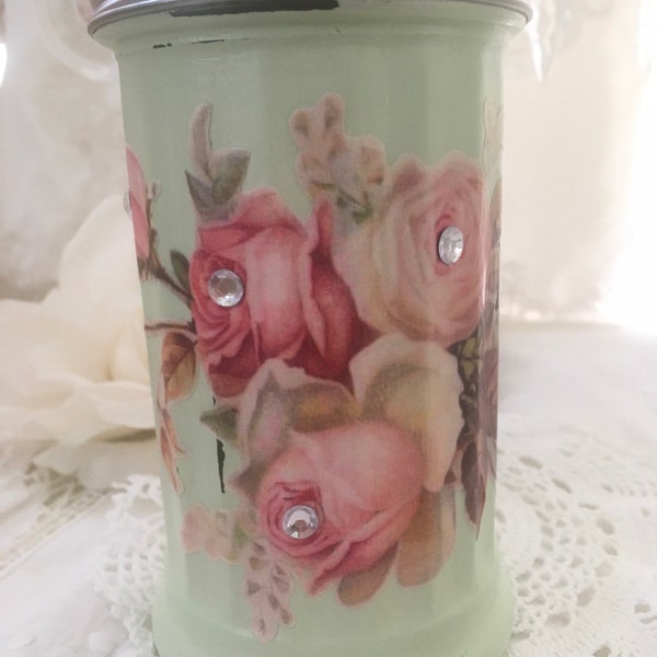 Vintage Jadeite green sugar dispenser, flip top spout, retro kitchen, vintage camper decor, shabby cottage chic, pink roses, Fanny pippin