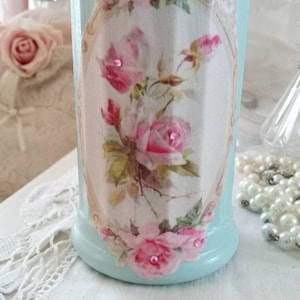 Vintage Style Aqua Sugar Shaker Jar, shabby pink kitchen, vintage kitchen decor, shabby pink roses, kitchen accessories, fanny Pippin