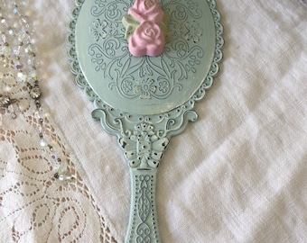 Shabby Chic Hand Mirror: Pink Rose, Distressed Cottage Decor