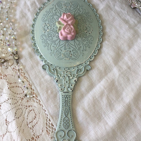 Shabby Hand held Vanity Mirror, Dressing table mirror, Pink Rose, chippy distressed, vintage insired hand mirror, shabby cottage chic