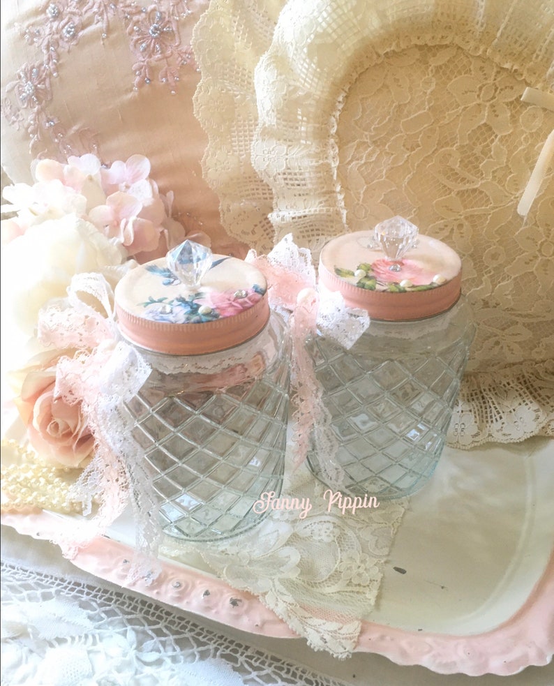 Glass Container With Roses Shabby Chic Glass Storage Jar: Pink Rose Bird Decor - Etsy