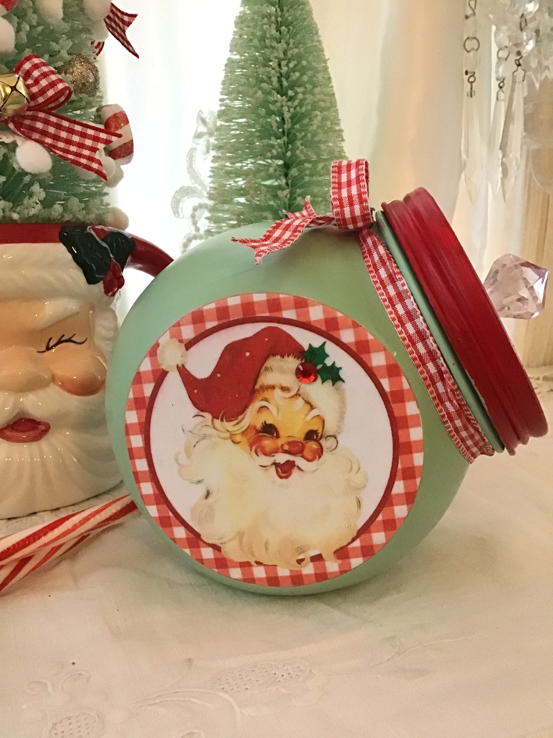 Vintage Christmas Santa Candy Jar: Jadeite Green Farmhouse