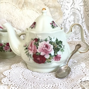 Shabby Floral Teapot Formalities by Baum Bros, Pink Victorian Roses Porcelain Teapot, Fancy Tea party, cottage chic, farmhouse, Fanny Pippin
