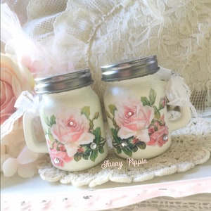 Shabby Pink Rose Salt & Pepper Shaker set, Vintage kitchen, shabby pink kitchen, shabby cottage chic,  camper decor, fanny pippin