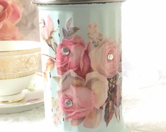 Vintage Style Aqua Sugar Dispenser, Shaker, shabby pink kitchen, vintage kitchen decor, shabby pink roses, kitchen accessories, fanny Pippin