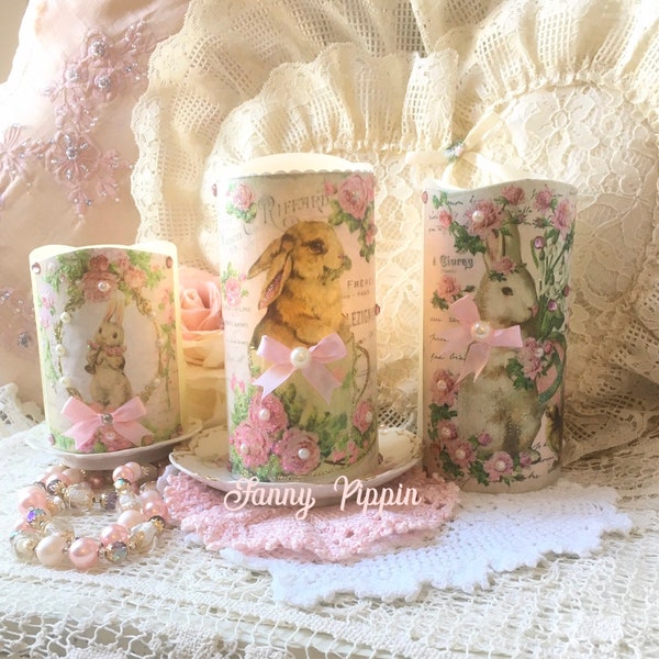 Shabby Bunny Flameless candle, Easter Decor, Pink Roses, Battery operated candle, LED candle, shabby cottage chic, Fanny Pippin