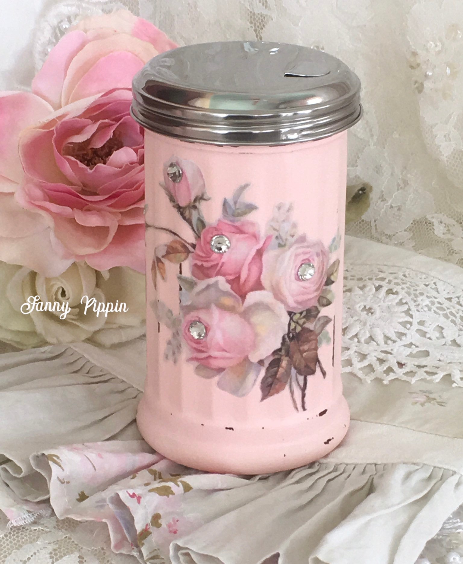 Vintage Style Pink Sugar Dispenser, Shaker, shabby pink kitchen, vint…