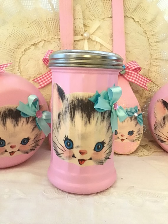 Vintage Atomic Pink Kitty Shaker Jar: Retro Kitchen Decor