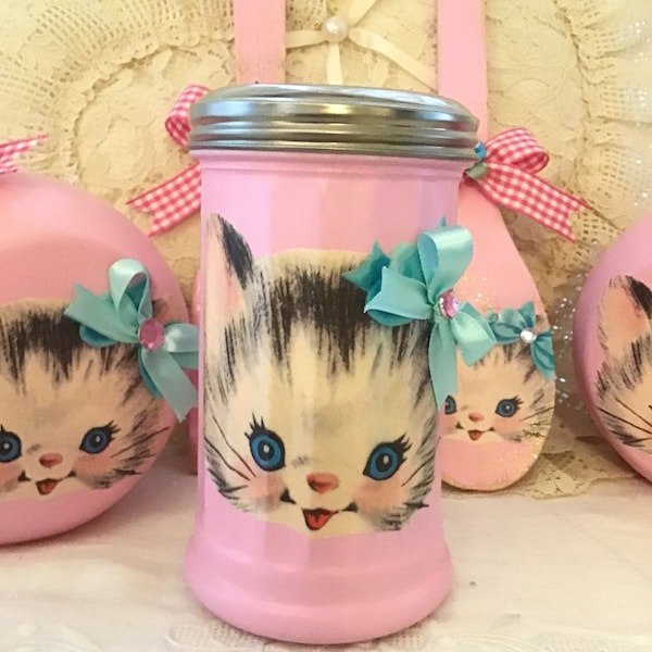Vintage Atomic Pink Kitty Shaker Jar: Retro Kitchen Decor