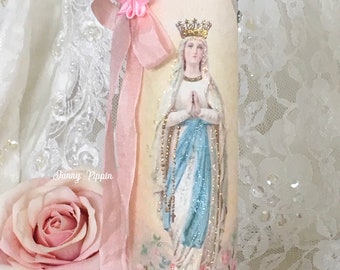 Virgin Mary Prayer Candle: Shabby Chic Religious Altar Decor