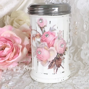 Shabby Pink Sugar Dispenser, Vintage Kitchen decor, pink roses, Shabby Chic Cottage, Farmhouse Kitchen, Fanny Pippin