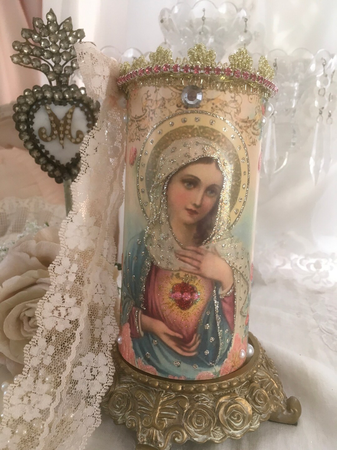 Shabby Virgin Mary Flameless Candle, Prayer Candle, Religious Decor, Madonna, Altar Decor, Fanny