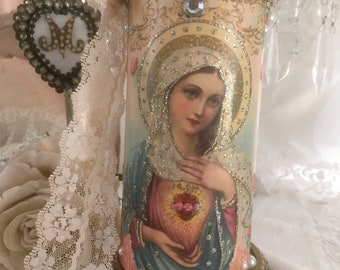 Virgin Mary Flameless Prayer Candle: Shabby Chic Rhinestone Religious Decor