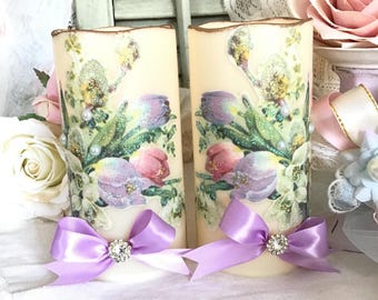 Lily-of-the-Valley Spring Floral Flameless Candles, Shabby Cottage Chic Decor, Floral LED Pair