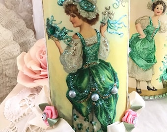 Vintage St. Patrick's Day Flameless Candle: Victorian Irish Girl Decor