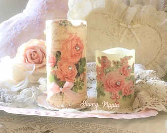 Candela senza fiamma Shabby Rose, rose vittoriane francesi, candela con timer, shabby cottage chic, arredamento romantico per la casa, Fanny Pippin