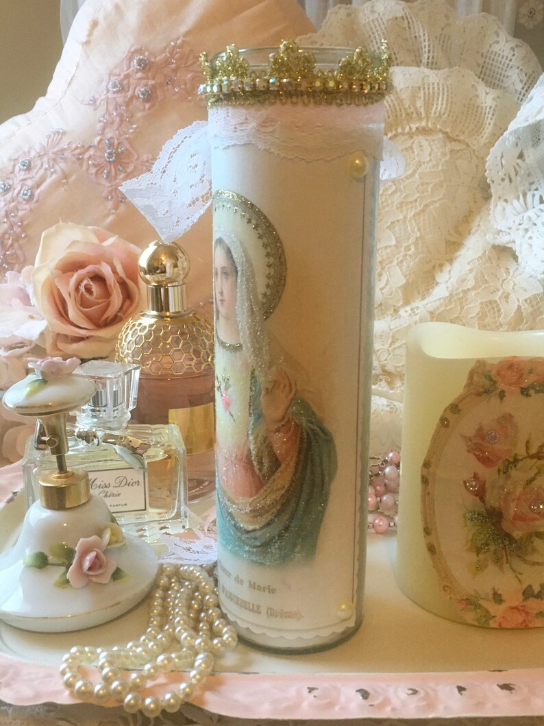Shabby Virgin Mary Prayer Candle Madonna Religious Candle Etsy