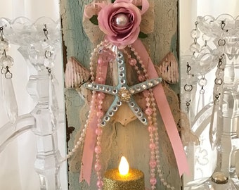 Shabby Beach Cottage Candleholder Sconce, Nautical Beach Decor, Shabby Cottage chic, Seaside Decor, romantic lighting, Fanny Pippin