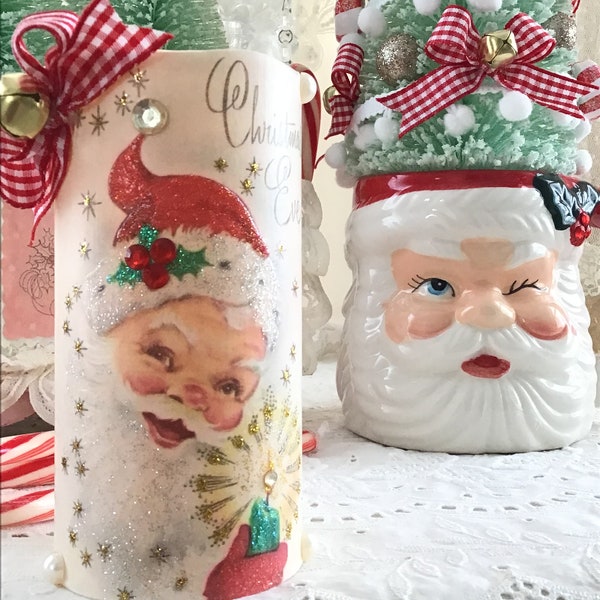 Vintage Christmas Santa, Flameless Candle, Retro Christmas Kitsch, Battery candle, Farmhouse Christmas, shabby cottage chic, Fanny Pippin