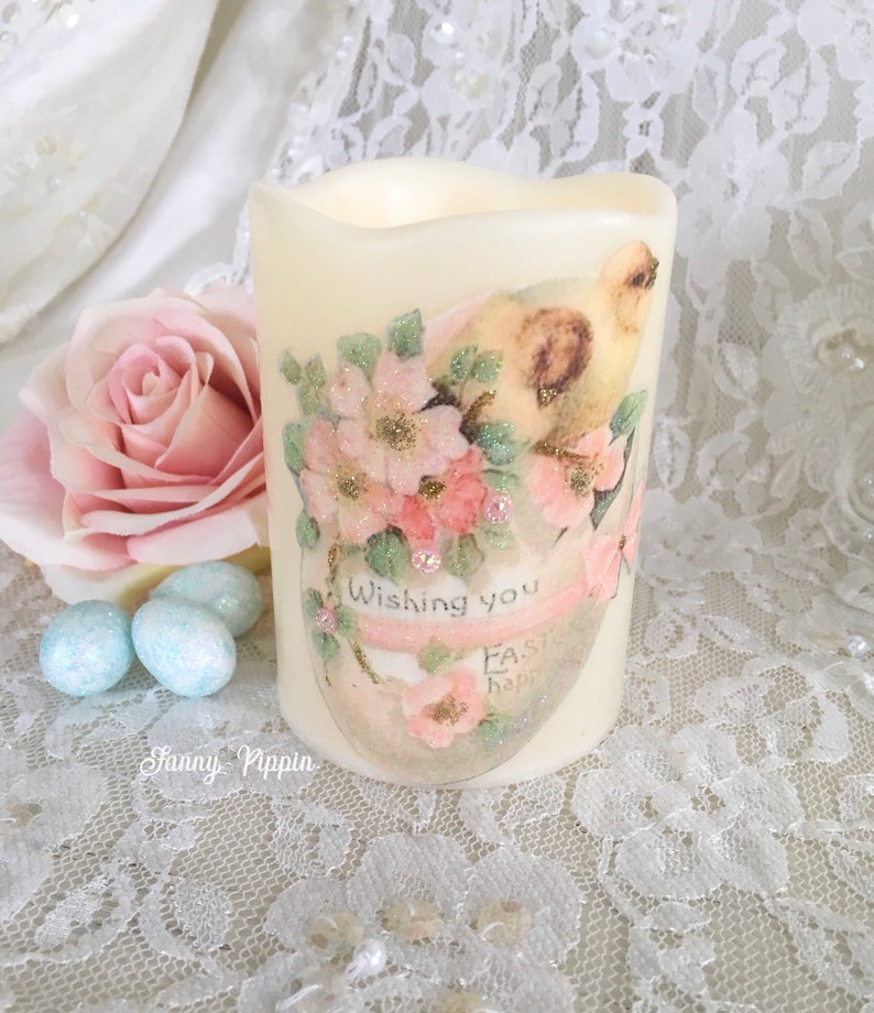 Shabby Easter Candle Flameless candle shabby cottage chic Etsy