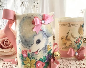 Vintage Easter Lamb Flameless Candle: Shabby Chic Spring Decor