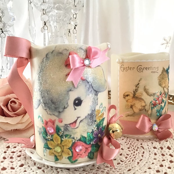 Easter Baby Lamb Flameless Candle, Vintage Easter Spring Decor, Kitschy Lamb, LED Candle, Shabby cottage chic, Nursery Animals, Fanny Pippin