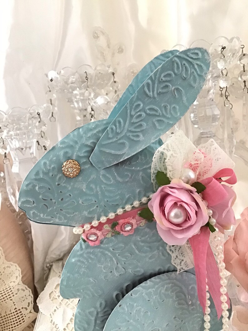 Shabby Easter Bunny, Pink Rose Decor, Vintage Blue Tin Bunny Rabbit, Shabby Pink Roses, Pink Easter Decor, Shabby Cottage Chic, Fanny Pippin image 10