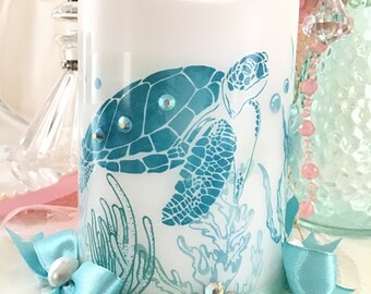 Sea Turtles Flameless Candle, Nautical Decor, Coastal Decor, Shabby beach Cottage decor LED flickering Candle, Fanny Pippin