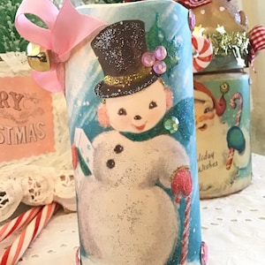 Vintage Snowman Christmas, Flameless Candle, Retro Christmas Candle, Kitsch, Battery candle, Farmhouse Christmas, cottage chic, Fanny Pippin