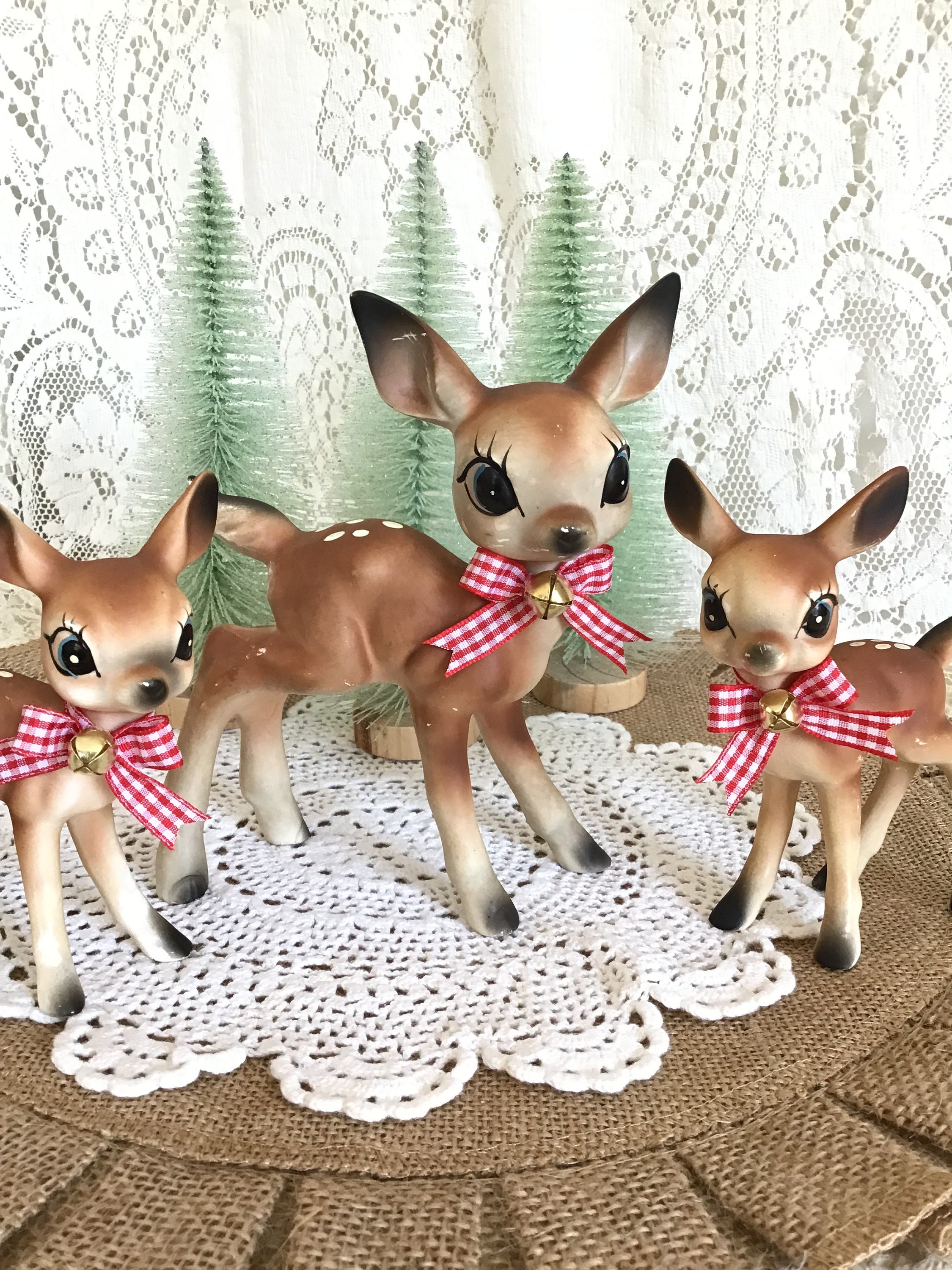 Vintage Ceramic Fawn Figurines: Retro MCM Deer Family, Japan 1950s