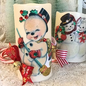 Vintage Christmas Snowman, Flameless Candle, Retro Christmas Candle, Kitsch, Battery candle, Farmhouse Christmas, cottage chic, Fanny Pippin