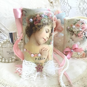 Shabby französischer Engel Flammenlose Teelicht: Rosa Rosen & Spitze Engel Dekor