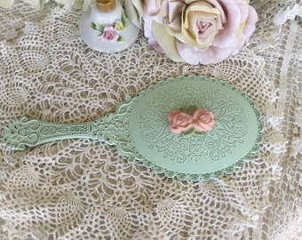 Shabby Chic Hand Mirror: Mint Green Rose Vanity Decor