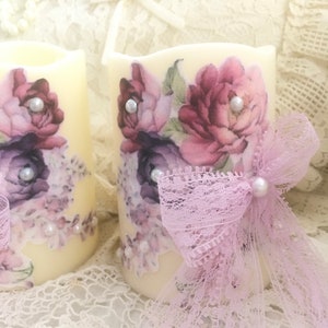 Shabby Purple Roses Flameless Candles, Romantic Home Decor, Flickering Battery operated Candles, Cottage Chic, Victorian, Fanny Pippin