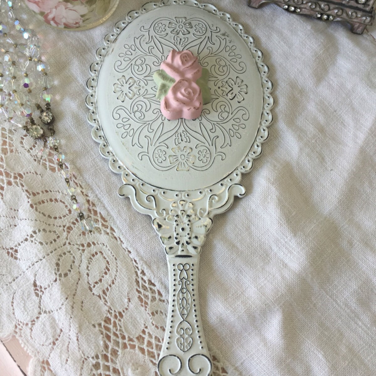 Shabby Chic Handheld Vanity Mirror: Pink Rose Decor, Distressed Cottage Style - Etsy