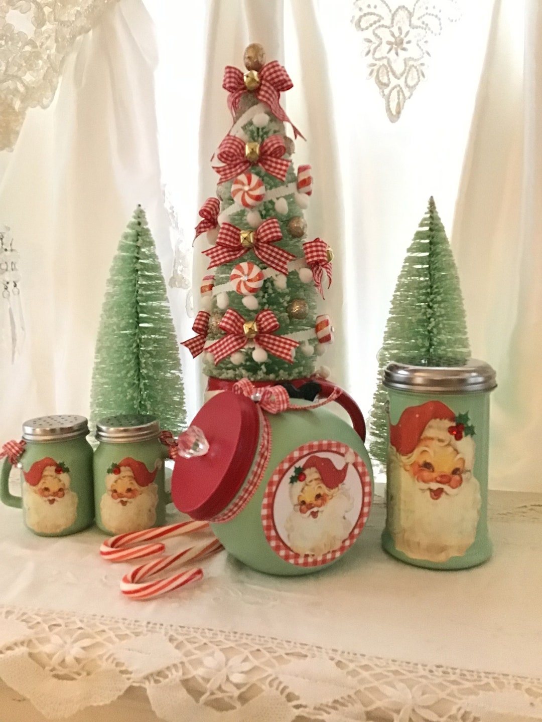 Vintage Christmas Santa Candy Jar: Jadeite Green Farmhouse Kitchen