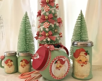 Tarro de caramelos navideño vintage de Papá Noel: Decoración de cocina rústica en verde jadeíta