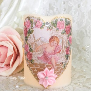 Shabby Valentine’s Day Cherub Candle, Flameless Candles with Victorian Pink Roses, Wax LED Candles, Pink Rose Decor, Shabby Cottage Chic