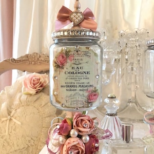 Shabby French Apothecary Jar, Pink Rose Decor, storage container, canister, kitchen storage, bathroom, craft room, Fanny Pippin