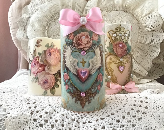 Shabby Sacred Heart Flameless Candle, Sacred Heart With Roses, Cross, Prayer Candle, Religious